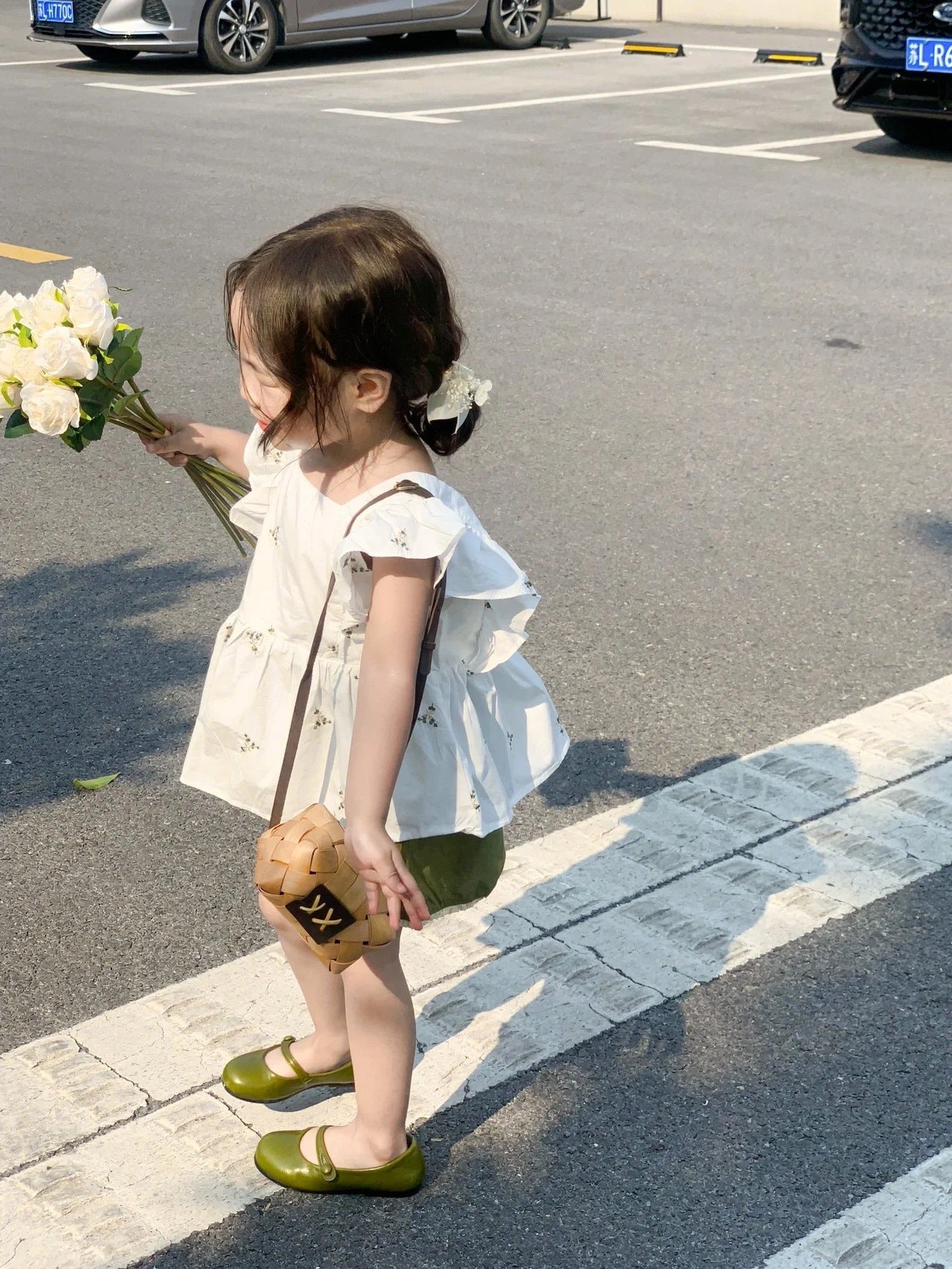 Ruffle-Back Peplum Blouse + Olive Green Cotton Shorts Set