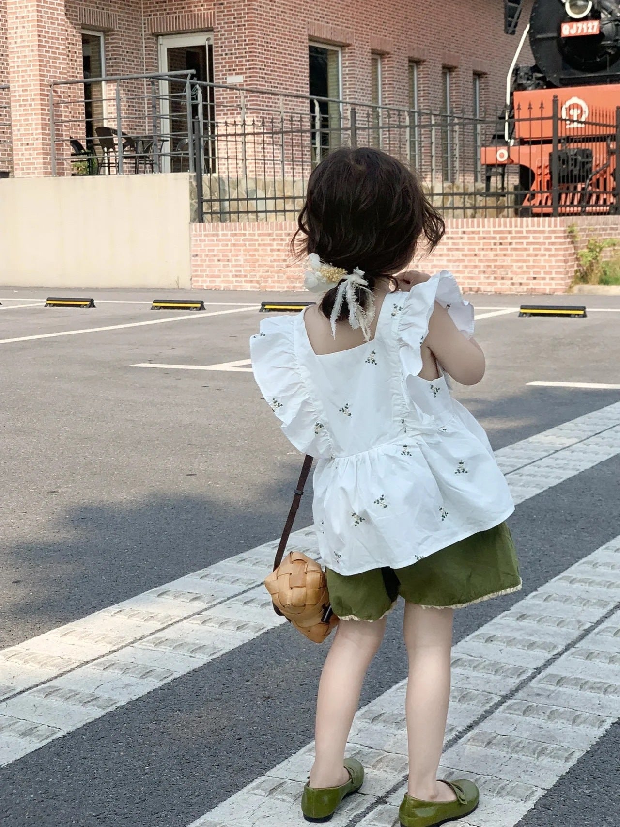 Ruffle-Back Peplum Blouse + Olive Green Cotton Shorts Set