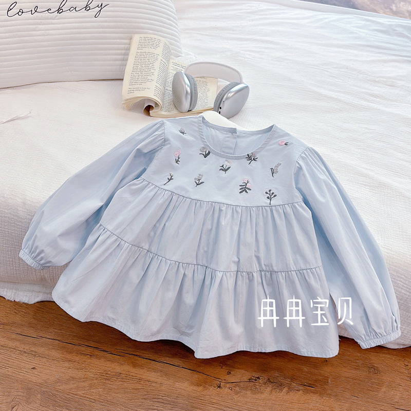 Sky Blue Floral Embroidered Tiered Blouse