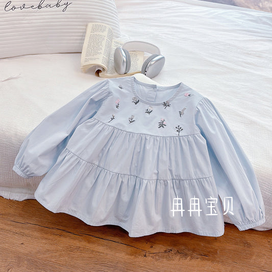 Sky Blue Floral Embroidered Tiered Blouse