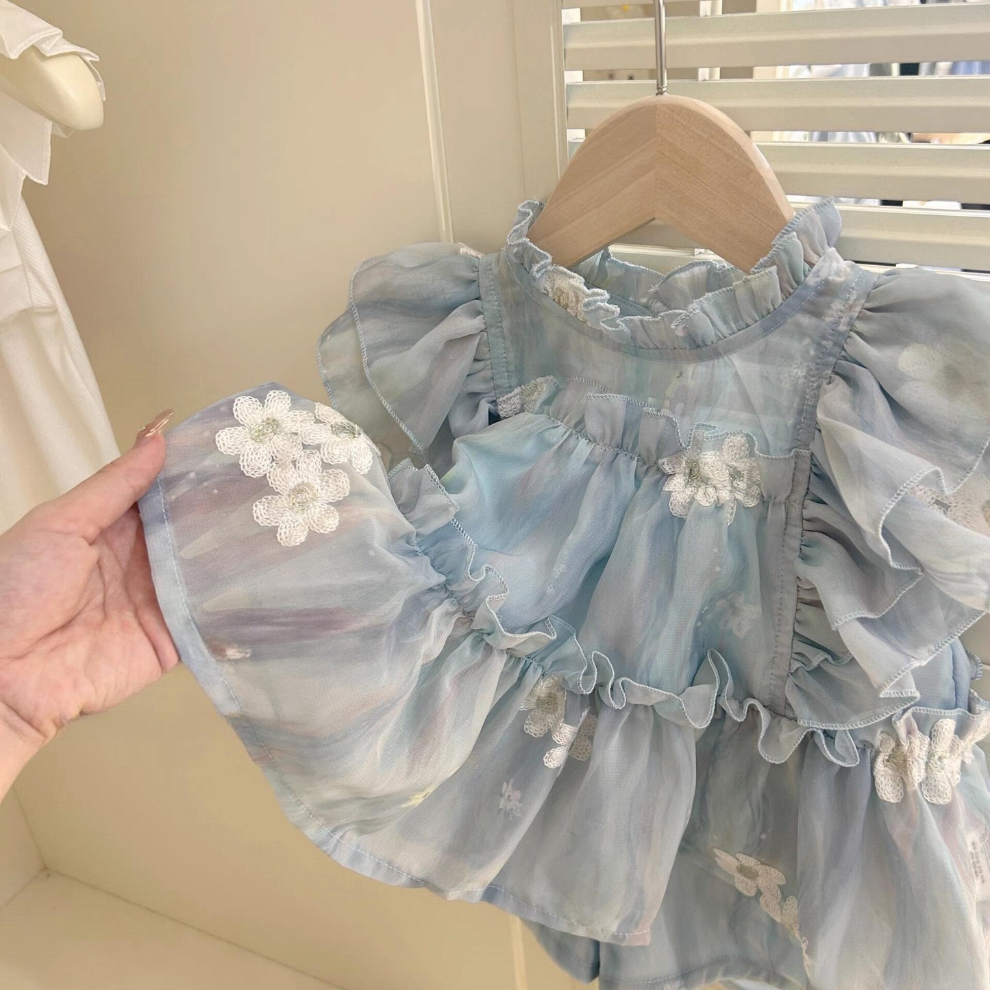 Blue Ruffle Floral Top & Shorts Set