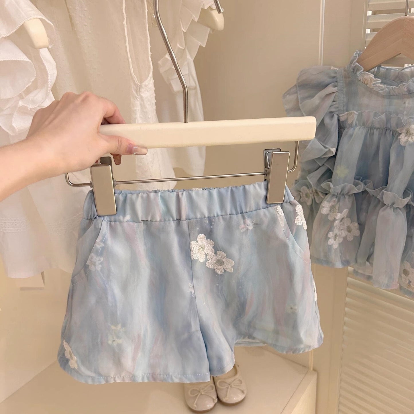 Blue Ruffle Floral Top & Shorts Set