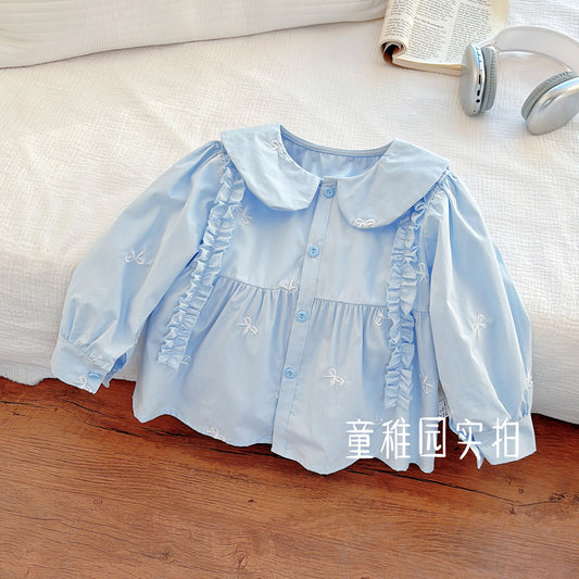 Sky Blue Bow Embroidered Ruffle Blouse