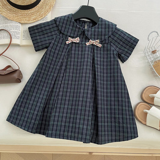 Navy Plaid Bow Collar Dress