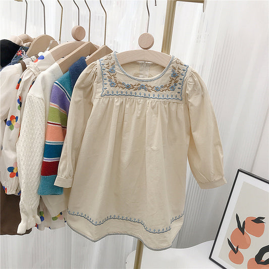Blue Blossom Embroidered Dress – Cream Long-Sleeve Cotton Dress