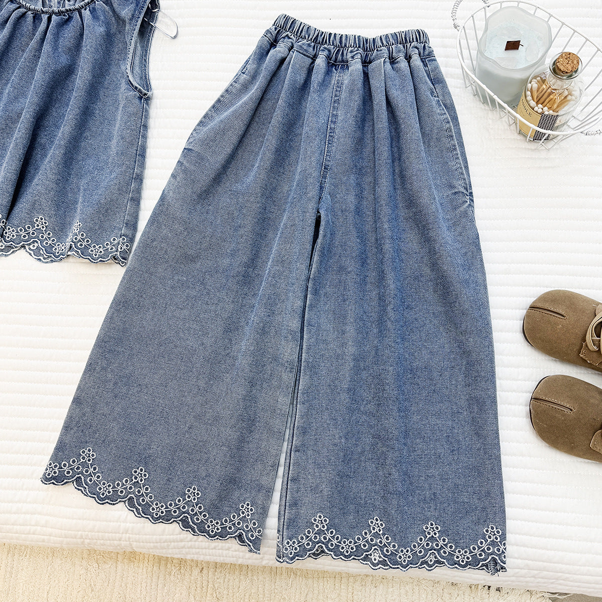 Scalloped Denim Wide-Leg Set