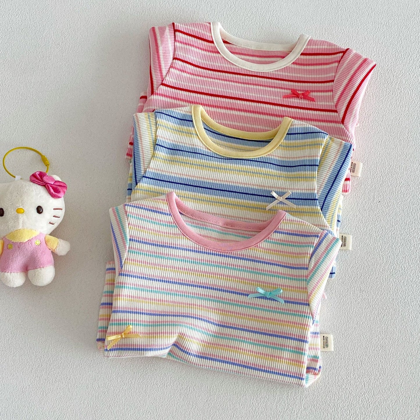 Rainbow Stripe Ribbed Tee – Ruffle Sleeve Top (3 Colors)