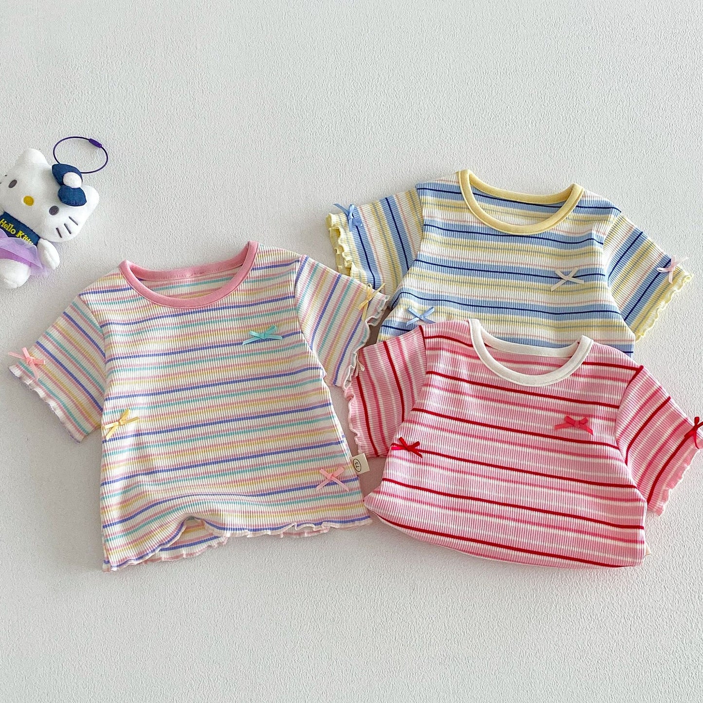 Rainbow Stripe Ribbed Tee – Ruffle Sleeve Top (3 Colors)