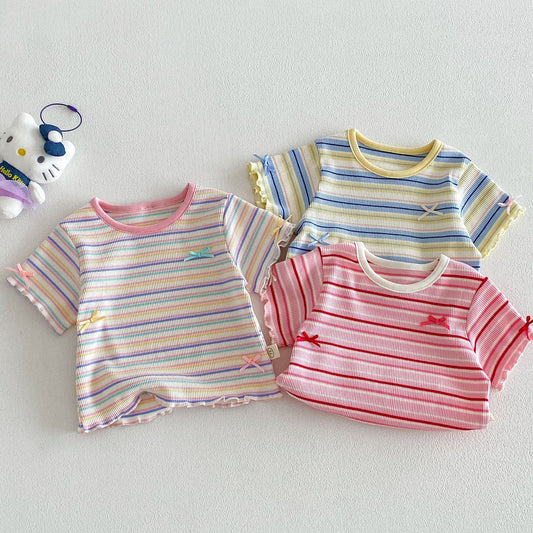 Rainbow Stripe Ribbed Tee – Ruffle Sleeve Top (3 Colors)