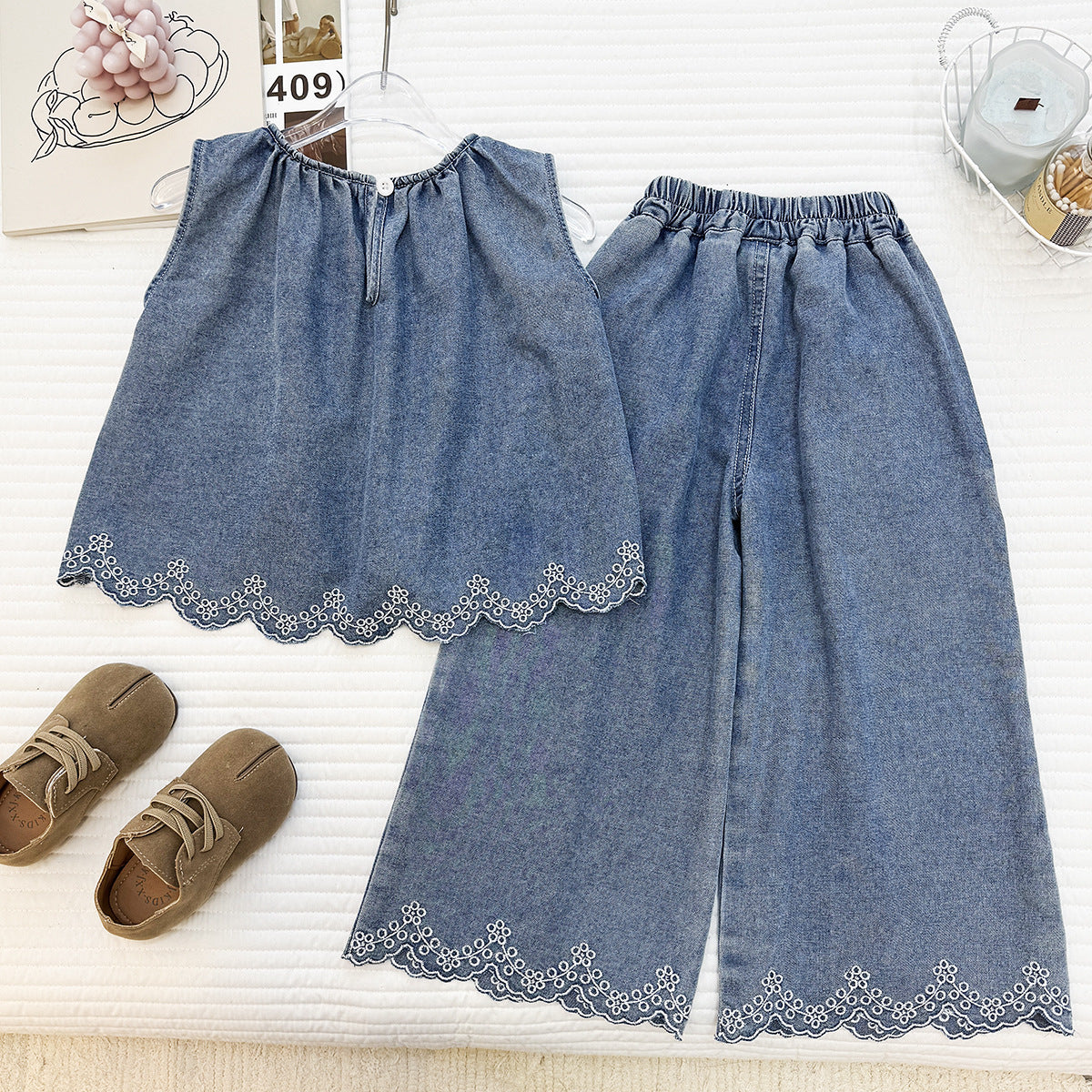 Scalloped Denim Wide-Leg Set