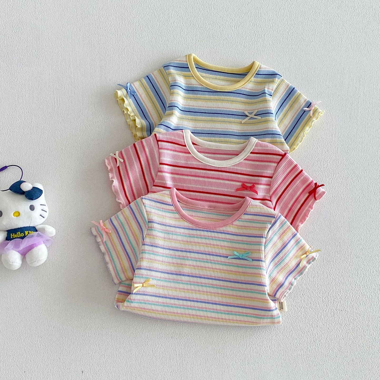 Rainbow Stripe Ribbed Tee – Ruffle Sleeve Top (3 Colors)