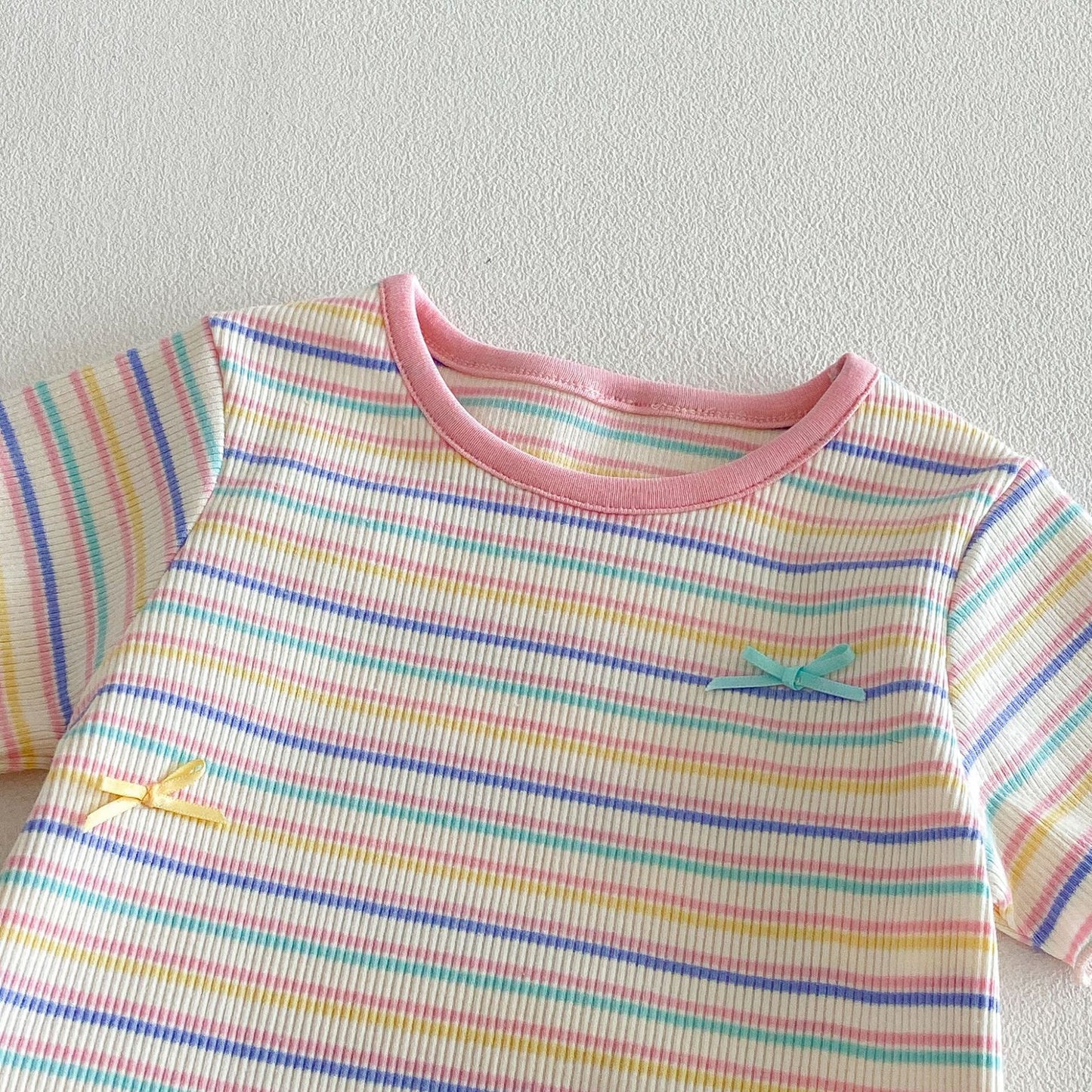 Rainbow Stripe Ribbed Tee – Ruffle Sleeve Top (3 Colors)