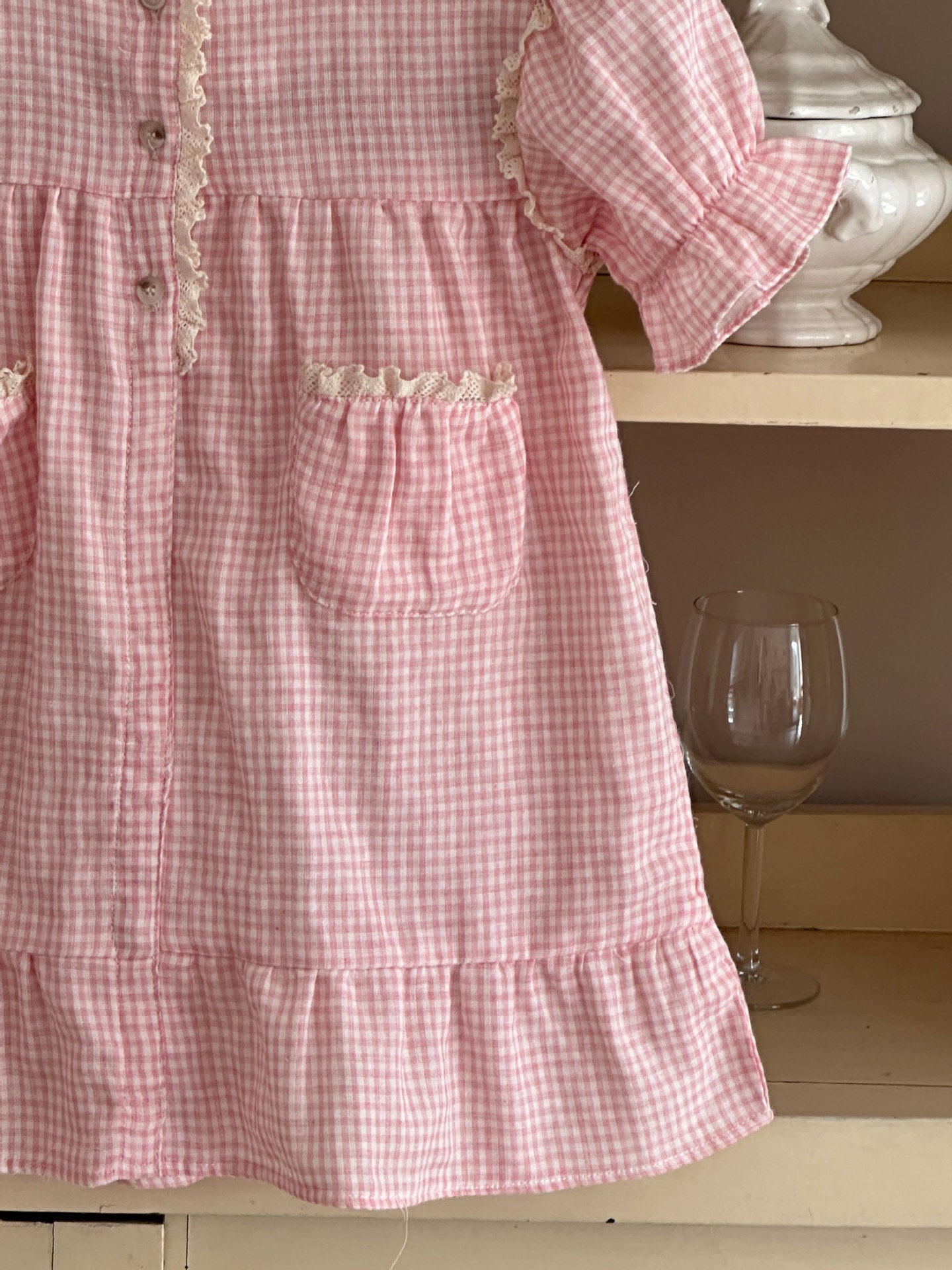 Pink Gingham Ruffle Pocket Dress