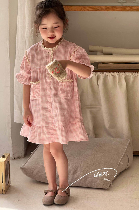 Pink Gingham Ruffle Pocket Dress