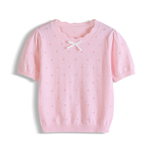 Dainty Pointelle Bow Knit Tee