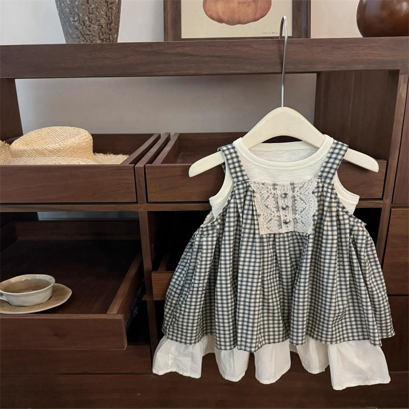 Layered Gingham Dress – Lace Detail Two-In-One Style