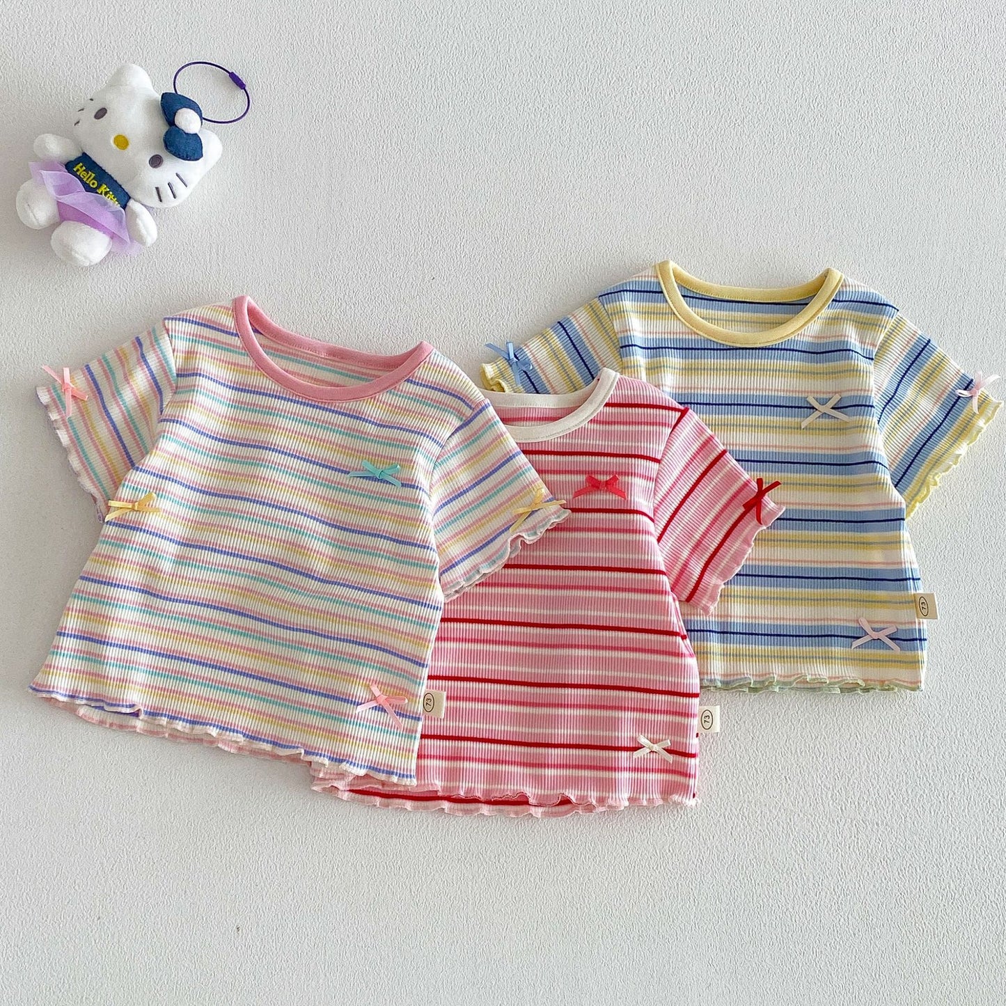 Rainbow Stripe Ribbed Tee – Ruffle Sleeve Top (3 Colors)