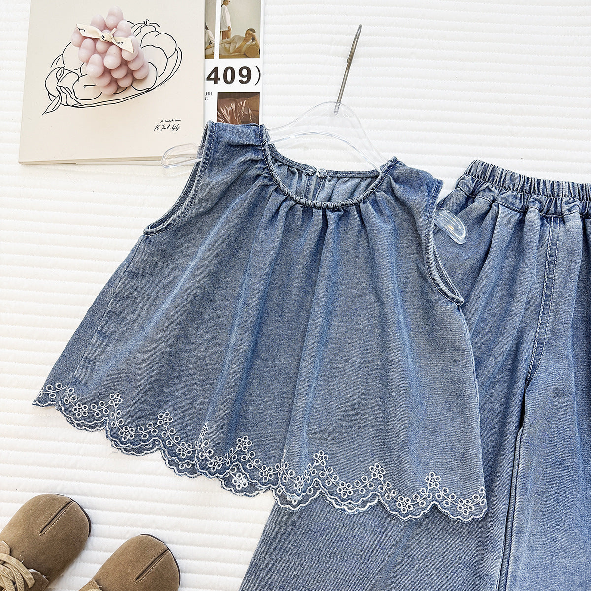 Scalloped Denim Wide-Leg Set