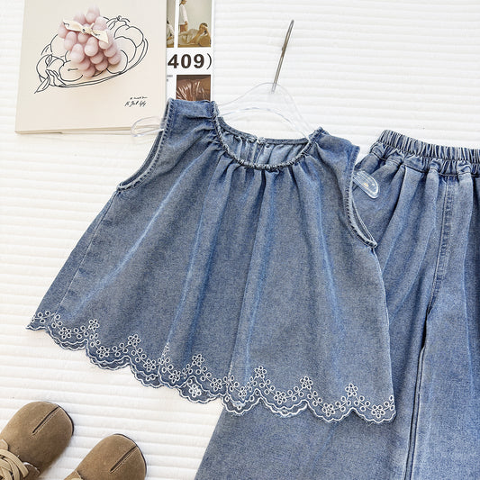 Scalloped Denim Wide-Leg Set