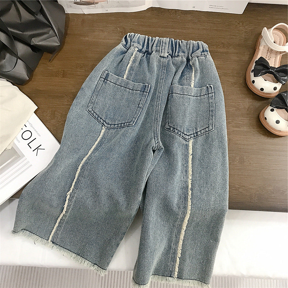 Frayed Denim Wide-Leg Pants