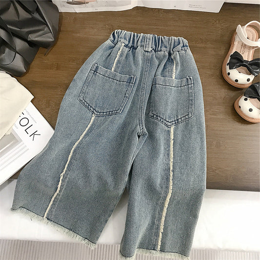 Frayed Denim Wide-Leg Pants