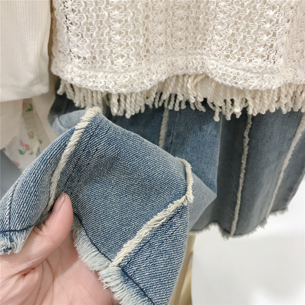 Frayed Denim Wide-Leg Pants
