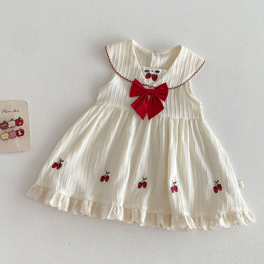 Cherry Bow Dress – Vintage Collar Style (Cream & Red Gingham)