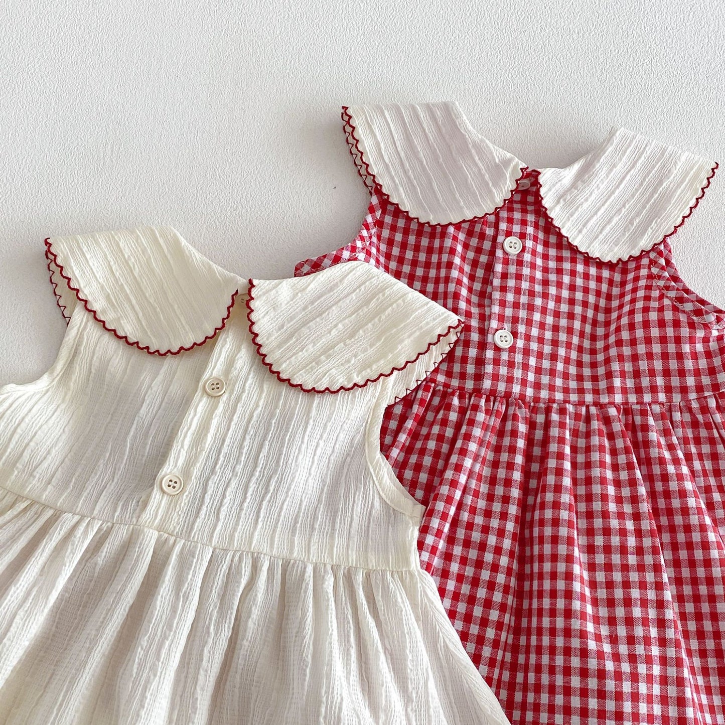 Cherry Bow Dress – Vintage Collar Style (Cream & Red Gingham)
