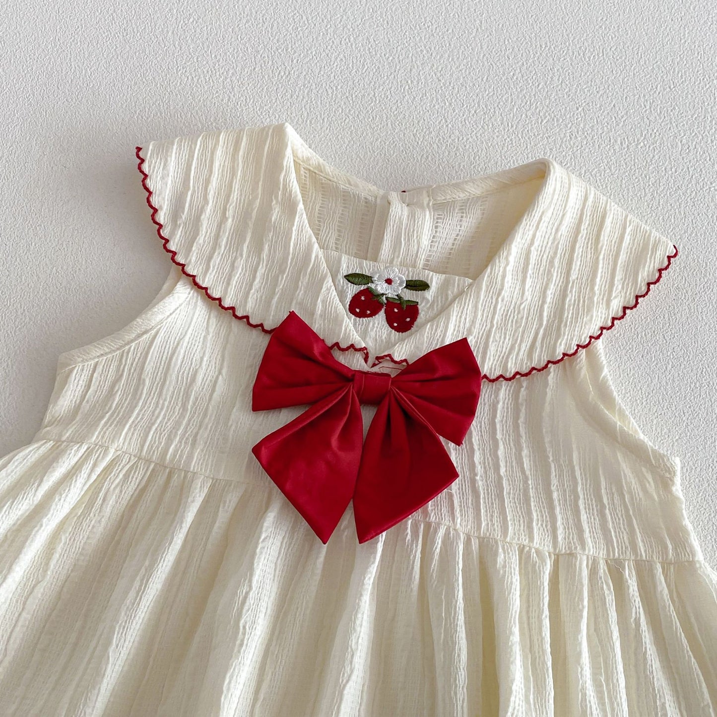 Cherry Bow Dress – Vintage Collar Style (Cream & Red Gingham)