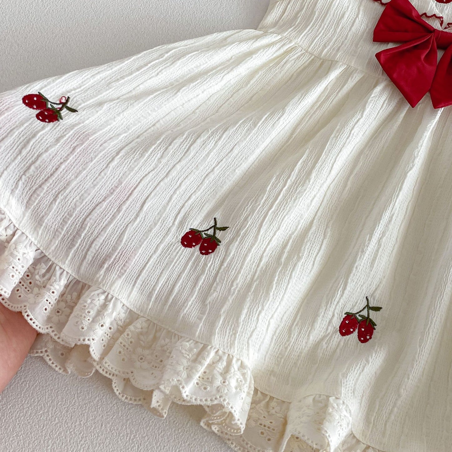 Cherry Bow Dress – Vintage Collar Style (Cream & Red Gingham)