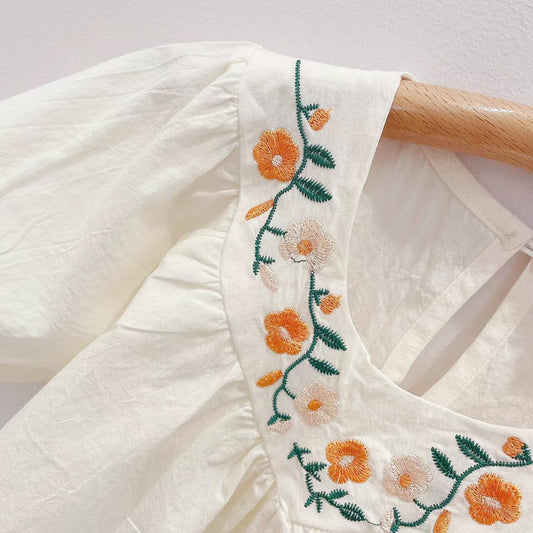 Floral Embroidered Blouse & Ruffle Shorts Set