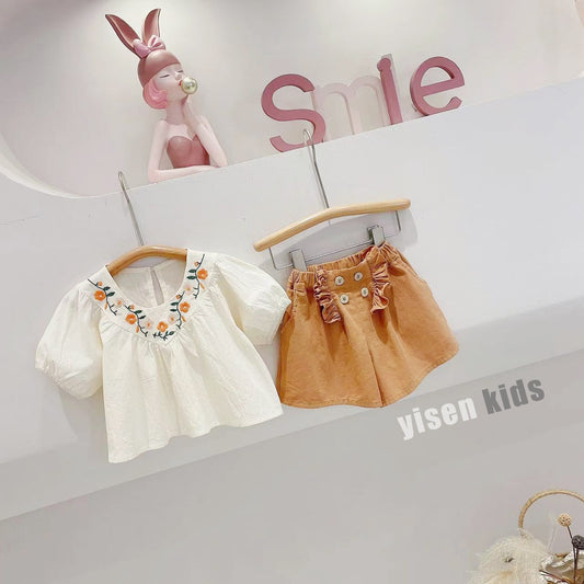 Floral Embroidered Blouse & Ruffle Shorts Set
