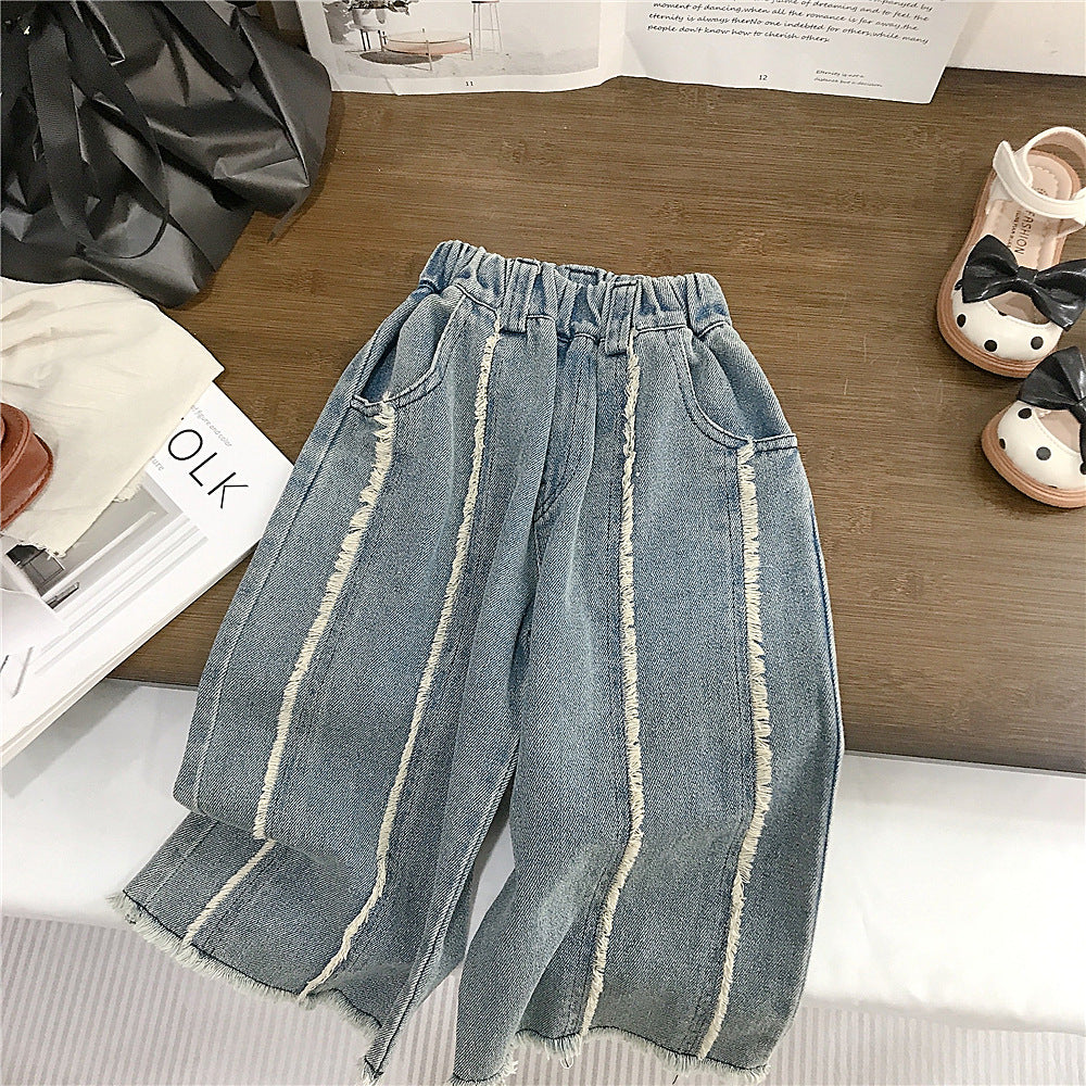 Frayed Denim Wide-Leg Pants