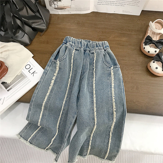 Frayed Denim Wide-Leg Pants
