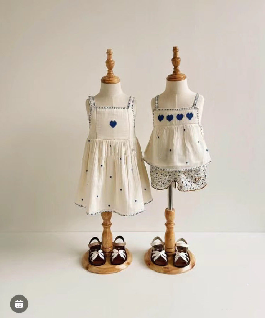 Blue Heart Embroidered Dress – Vintage Linen Style