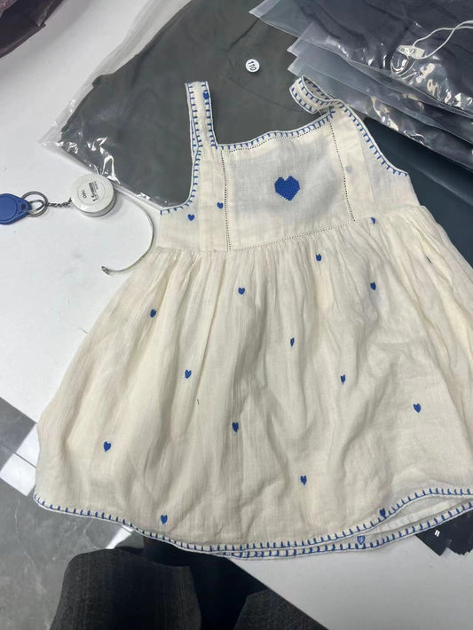 Blue Heart Embroidered Dress – Vintage Linen Style