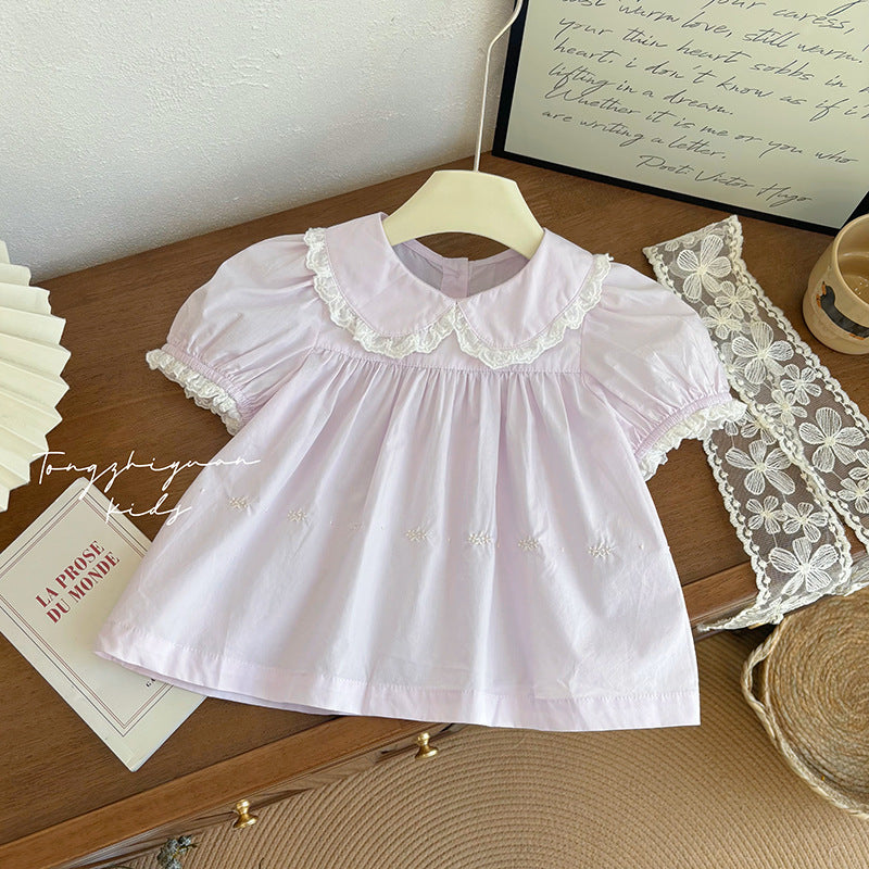 Lavender Lace Collar Puff-Sleeve Blouse