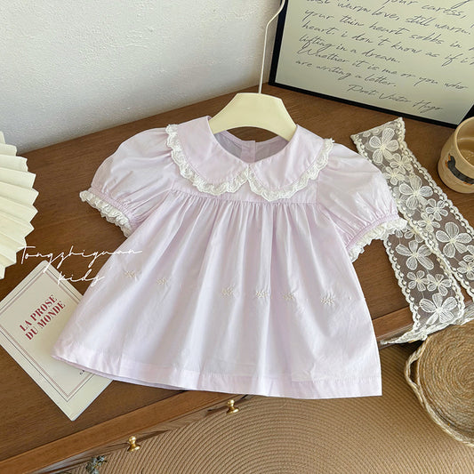 Lavender Lace Collar Puff-Sleeve Blouse