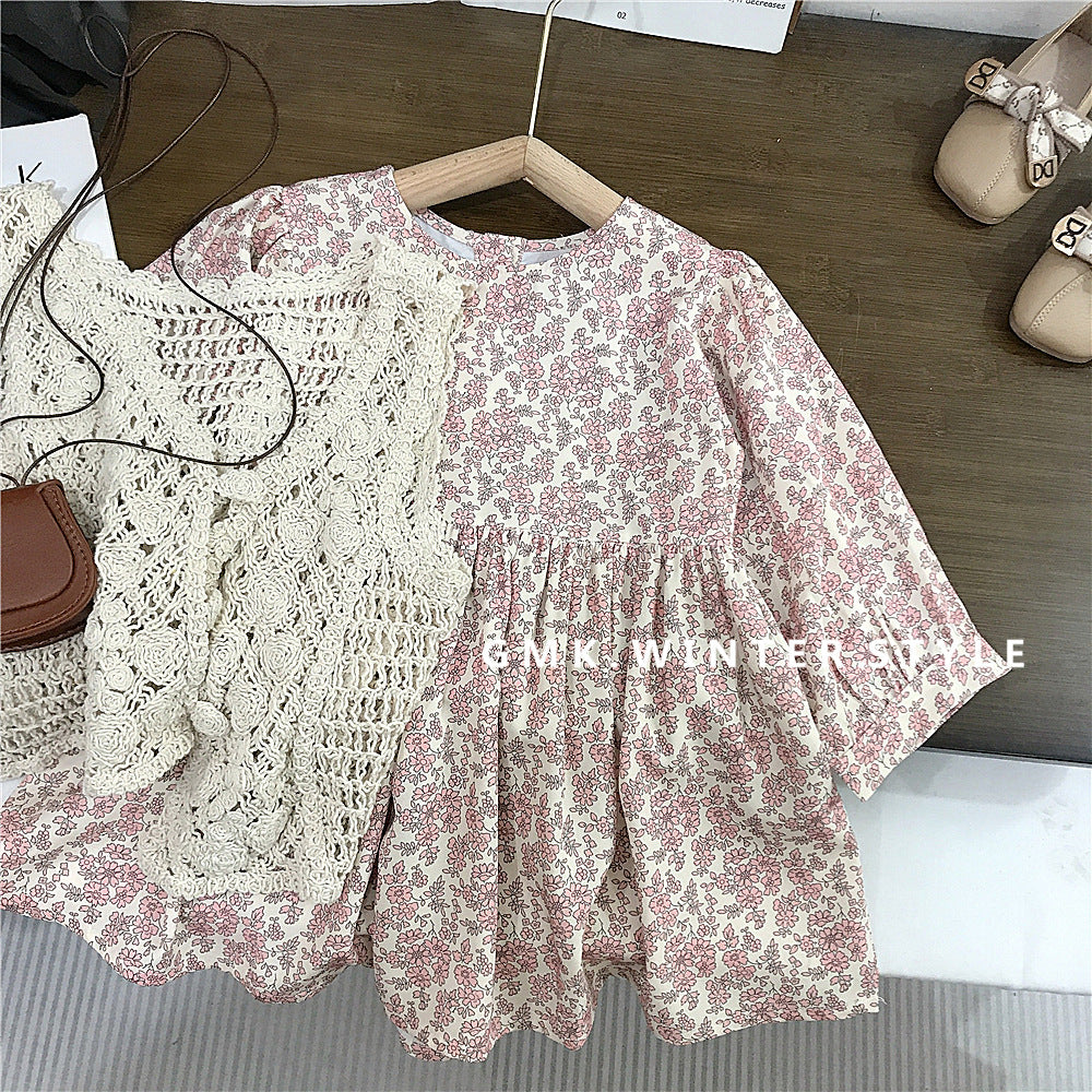 2-piece Floral Cottage Dress Set – Pink Ditsy Print Dress with Crochet Vest