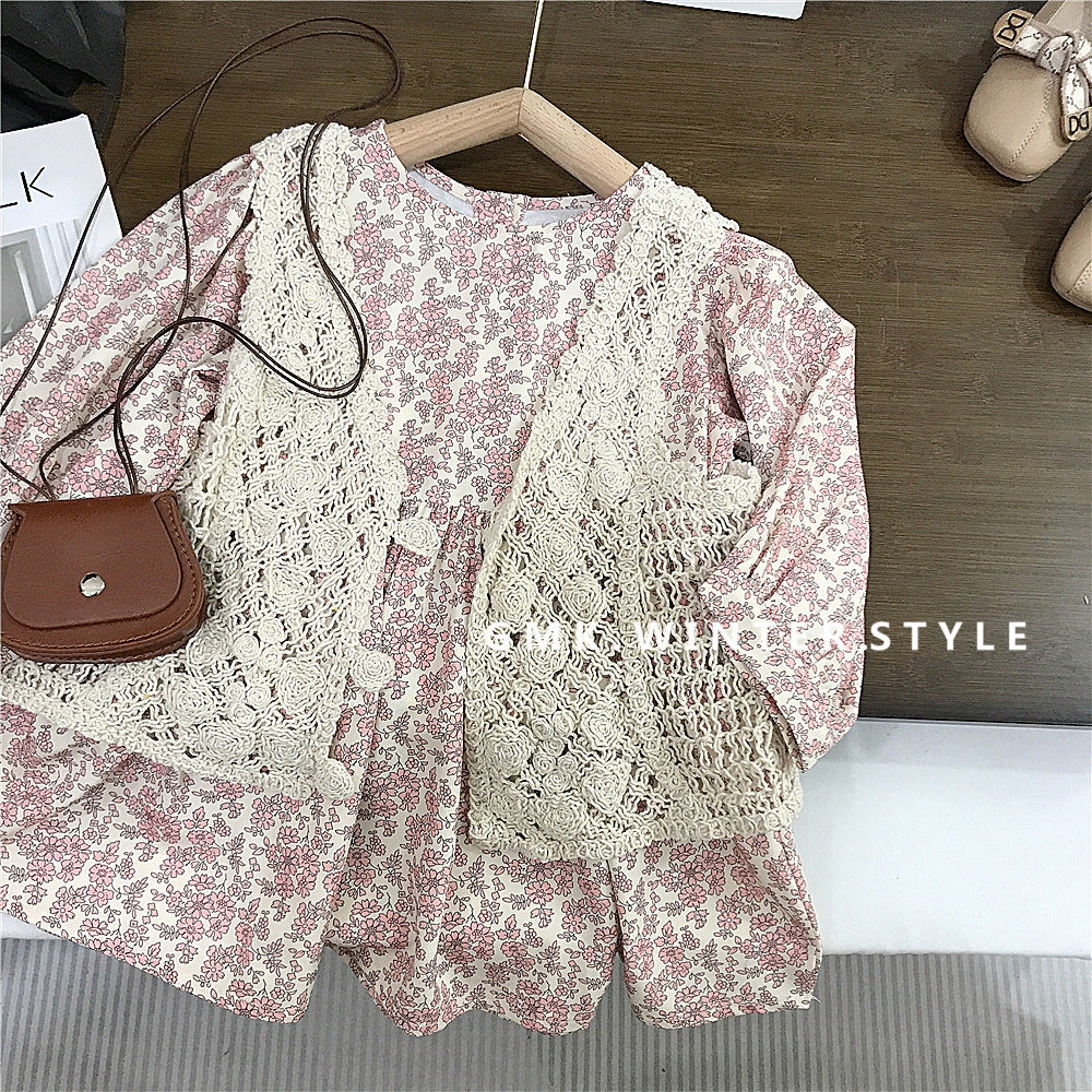 2-piece Floral Cottage Dress Set – Pink Ditsy Print Dress with Crochet Vest