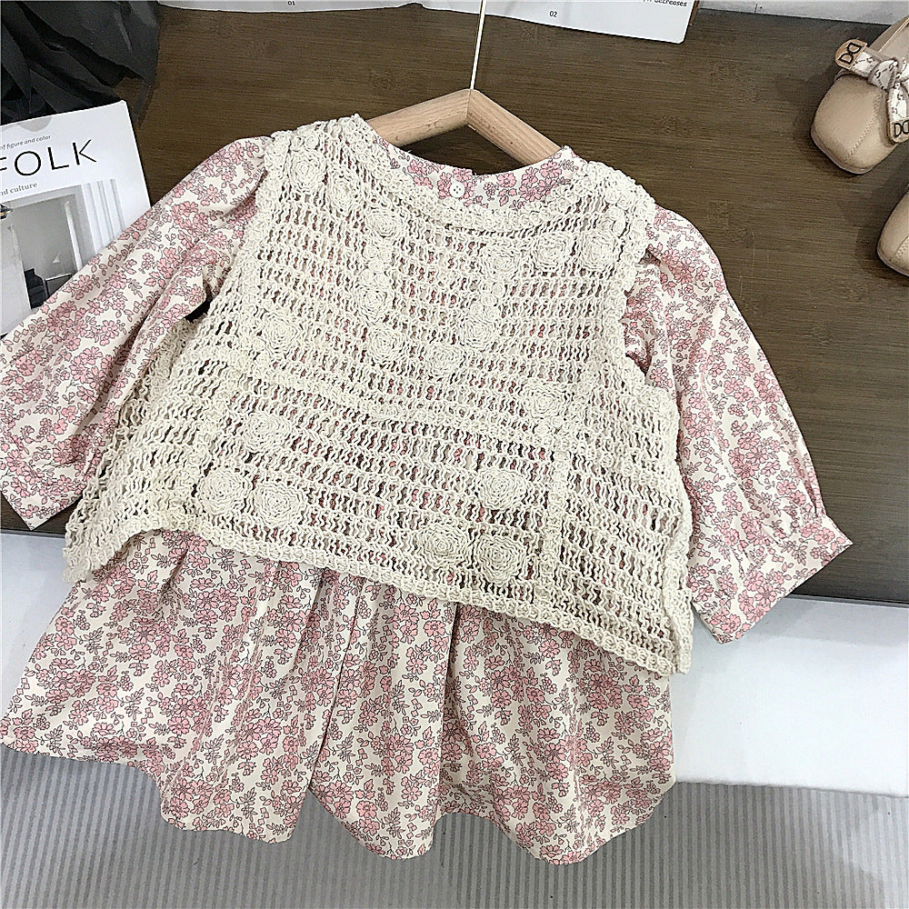 2-piece Floral Cottage Dress Set – Pink Ditsy Print Dress with Crochet Vest