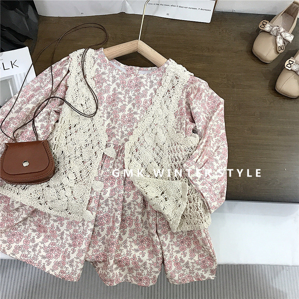 2-piece Floral Cottage Dress Set – Pink Ditsy Print Dress with Crochet Vest