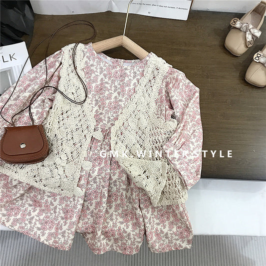 2-piece Floral Cottage Dress Set – Pink Ditsy Print Dress with Crochet Vest