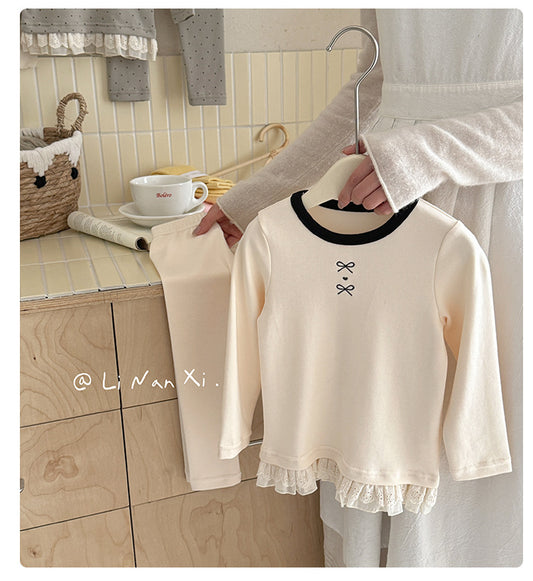 Lace Trim Bow Lounge Set – Toddler Girls’ Long Sleeve Pajama Outfit