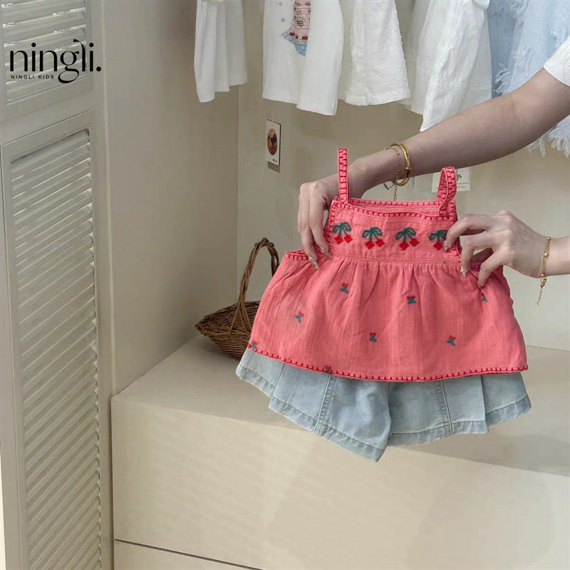 Cherry Embroidered Top & Chambray Shorts Set