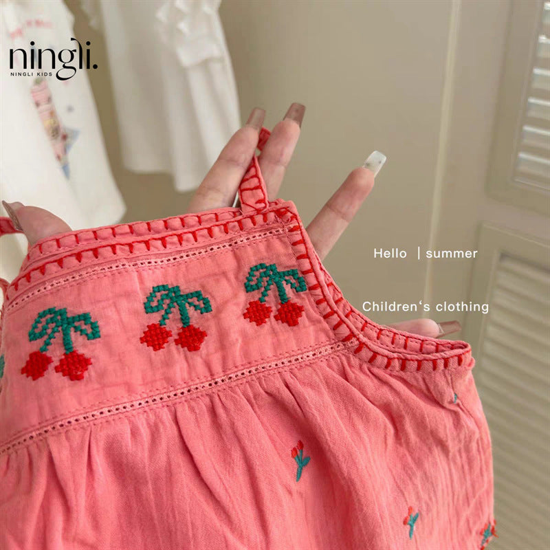 Cherry Embroidered Top & Chambray Shorts Set
