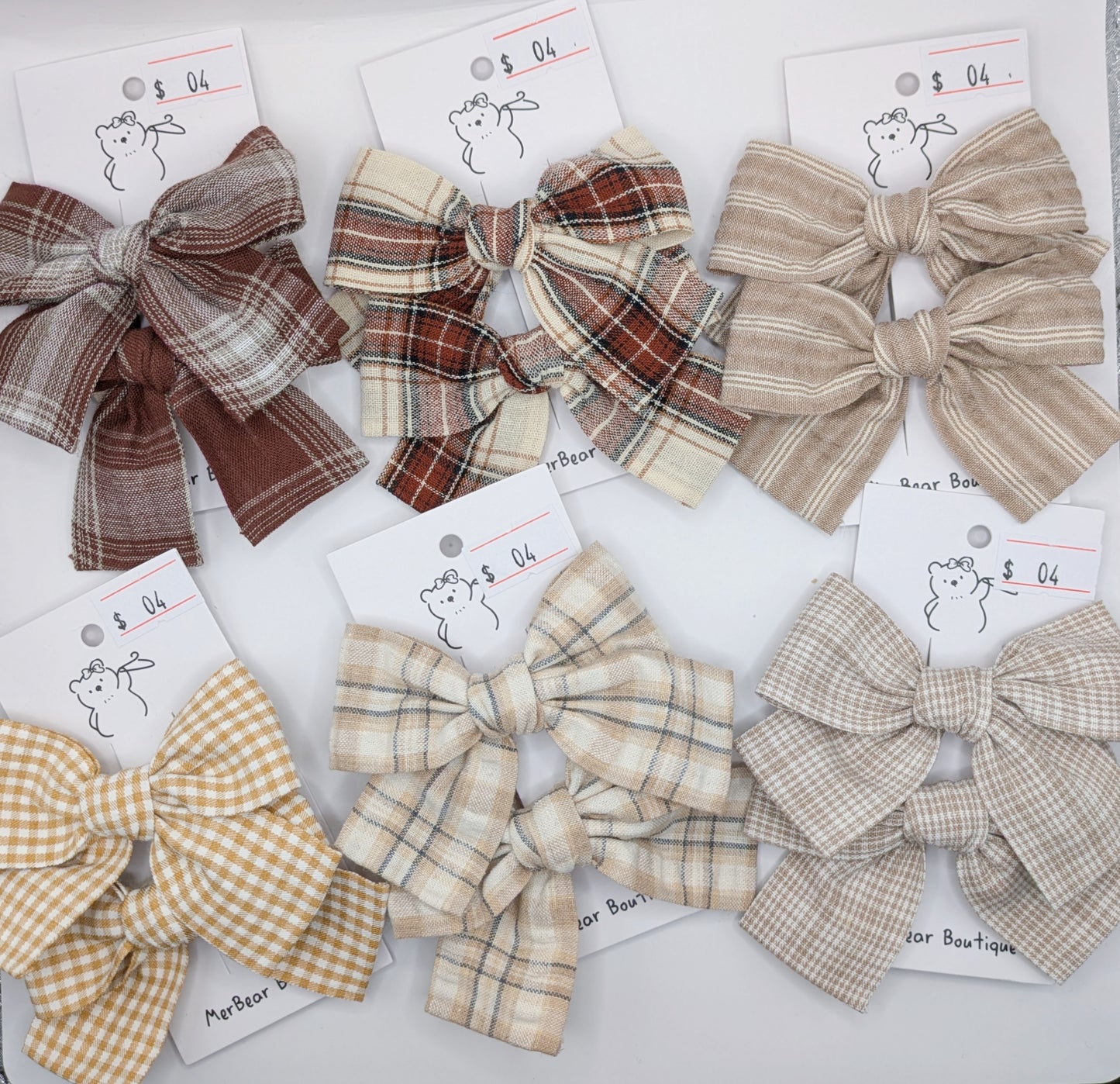 Neutral Plaid Bow Clips