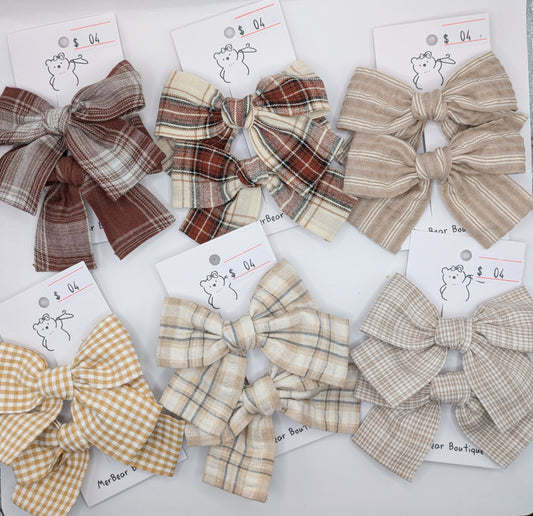 Neutral Plaid Bow Clips