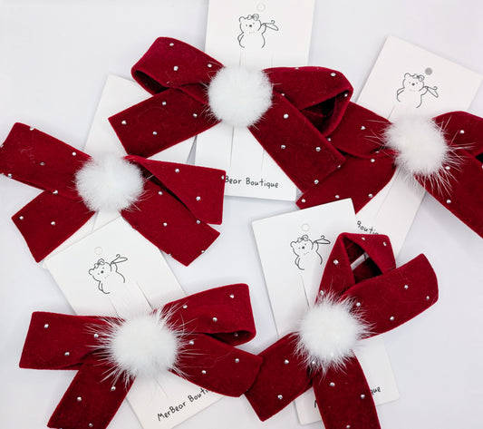 Velvet Pom-Pom Bows – Ruby Red Sparkle