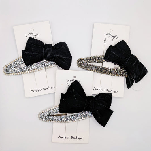 Velvet & Rhinestone Glam Bow Clips – Black Sparkle